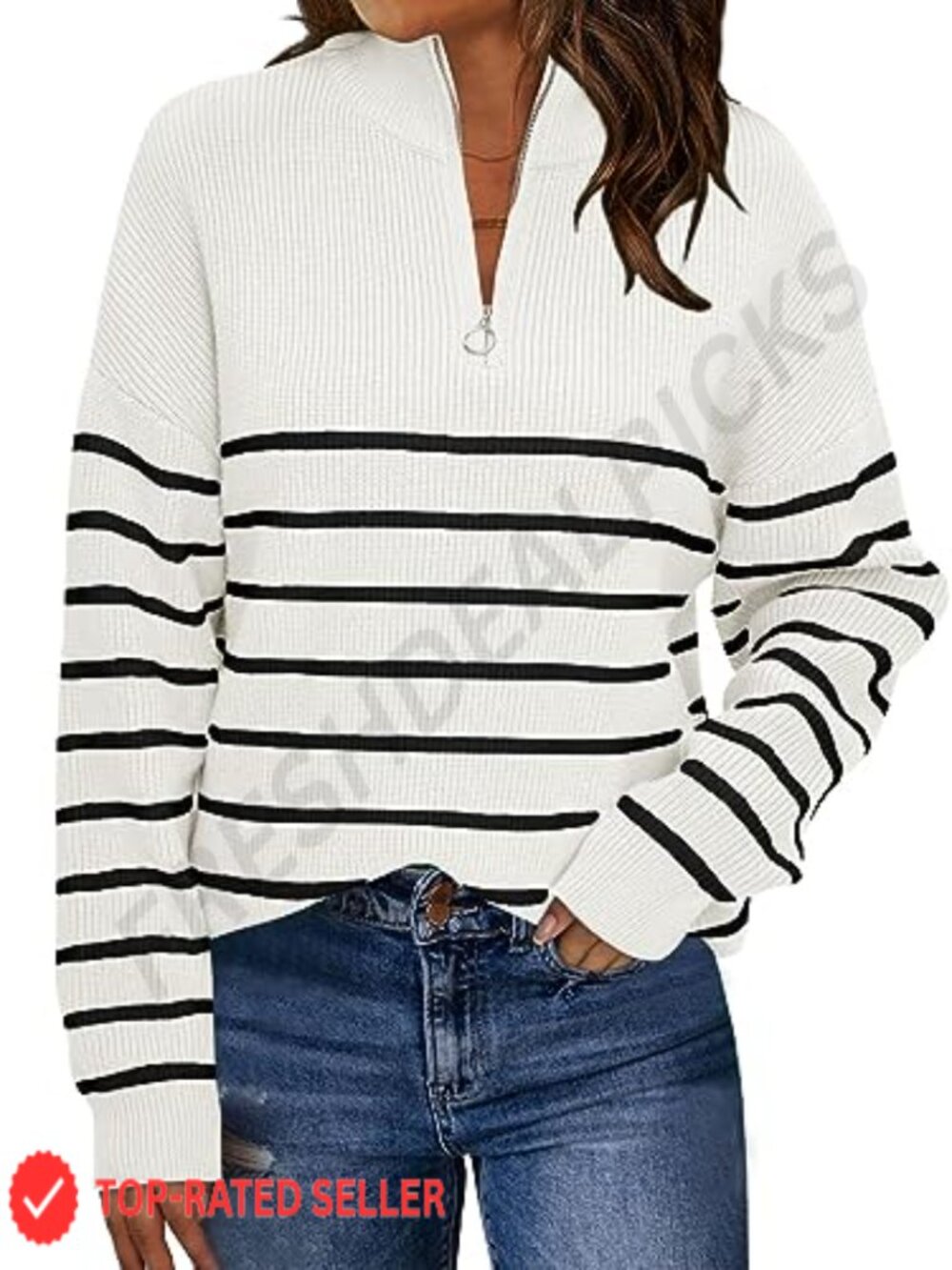 Womens Quarter Zip Oversized Ribbed Knit Striped Pullover Sweater